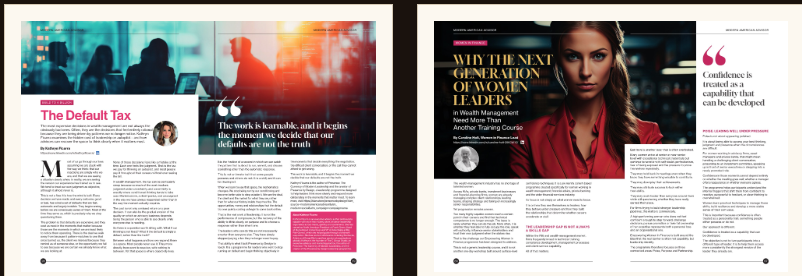Modern American Advisor magazine feature spreads: The Default Tax and Why the Next Generation of Women Leaders in Wealth Management